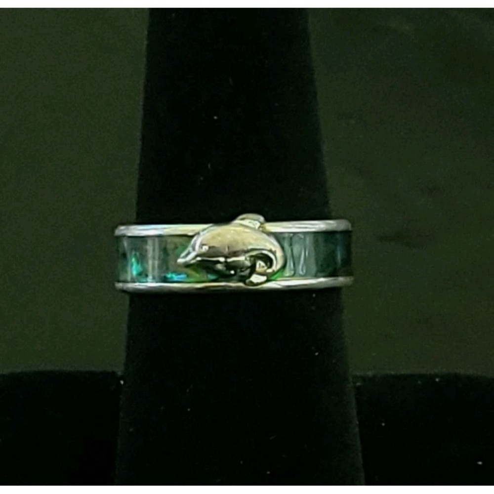 Dolphin Ring Size 7.5 Silver Tone Aqua Blue Green Ocean Coastal Nautical